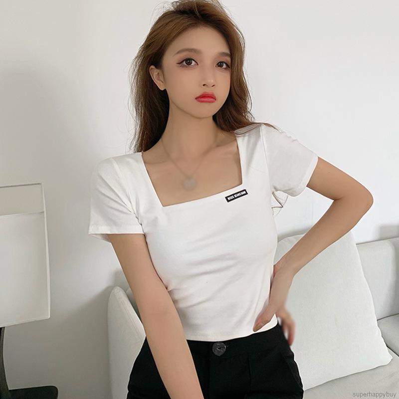 Áo Thun Croptop Tay Ngắn Cổ Vuông Phong Cách Hàn Quốc