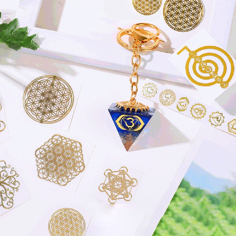 Bộ 10 miếng dán bằng đồng hình cây hoa 7 luân xa dùng đổ khuôn resin epoxy làm hình kim tự tháp