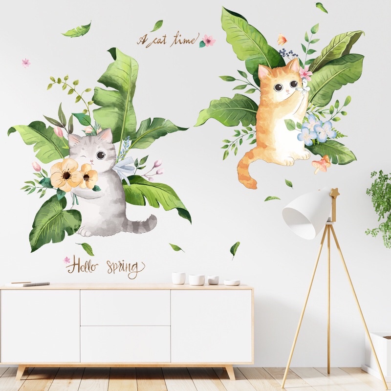 Decal dán tường hàn quốc cặp mèo dễ thương, chất liệu cao cấp.