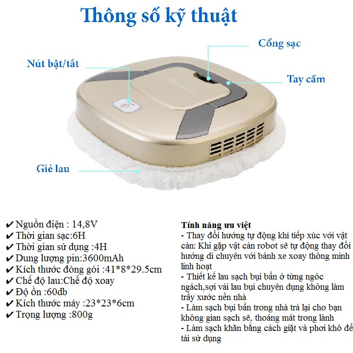 Robot lau nhà - Hàng nội địa Trung - Máy lau nhà hai chế dộ lau khô và lau ướt pin sạc cổng USB tiện lợi có bảo hành