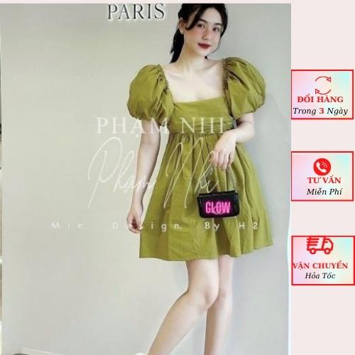Váy babydoll thô nữ xanh tay phồng tiểu thư cổ vuông nơ lưng ulzzang Hàn Quốc