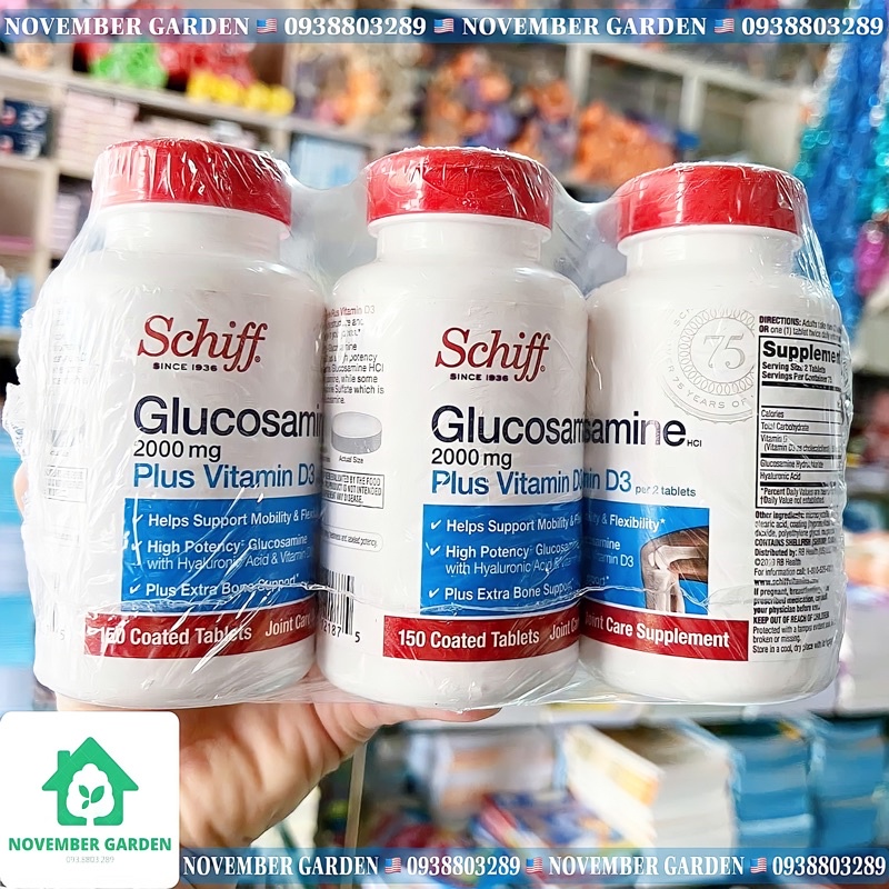 Viên uống Schiff Glucosamine Hcl 2000mg Plus Vitamin D3 bổ xương khớp, thoái hoá khớp hộp 150 viên
