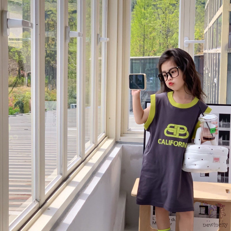 Đầm Sát Nách Chất Liệu Cotton Phối Màu Thời Trang Hàn Quốc Cho Bé Gái