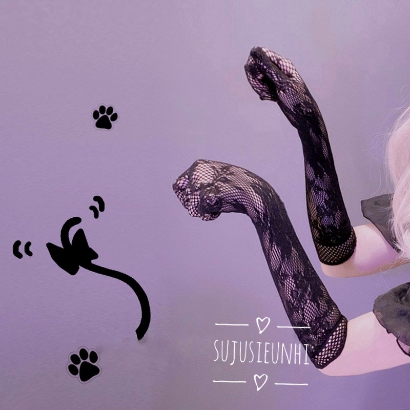 (2 màu) 1 đôi găng tay ren lưới dáng dài hoạ tiết hoa lolita