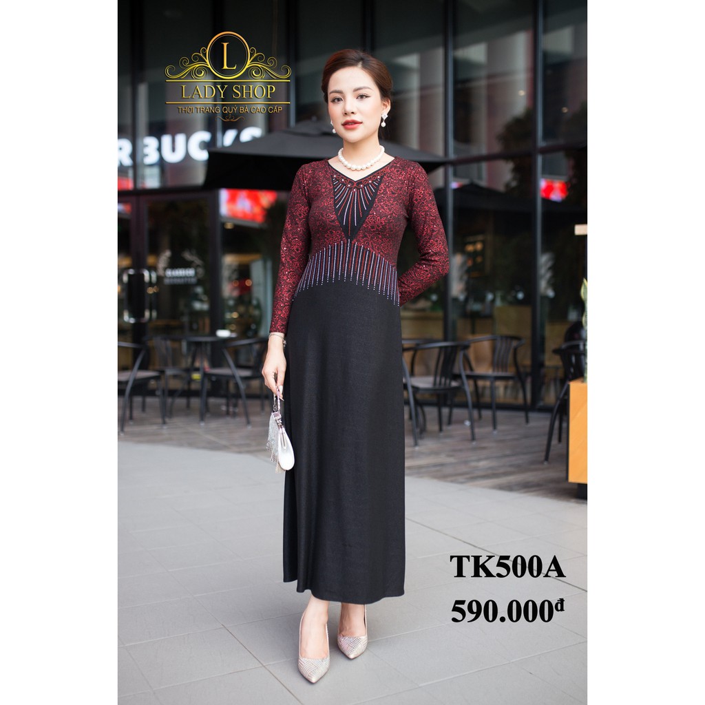 Váy trung niên quý bà cao cấp Ladyshop Maxi kim sa đỏ cổ V đá tia TK500 | BigBuy360 - bigbuy360.vn