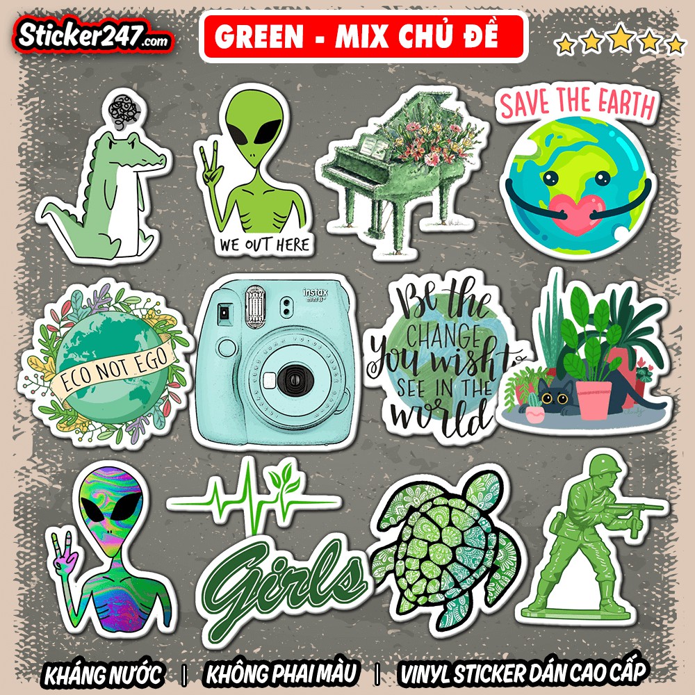 Sticker Green Mix chủ đề 𝑭𝒓𝒆𝒆𝒔𝒉𝒊𝒑 chống nước, decal dán laptop, ipad, mũ bảo hiểm,vali, guitar, ipad ⚫ COL04