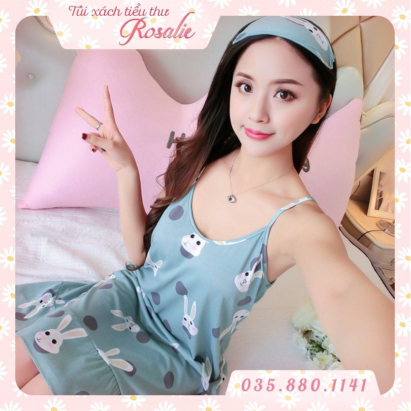 Đầm ngủ nữ bigsize hình hoạt hình dễ thương Set gồm đầm và khăn che mắt ngủ