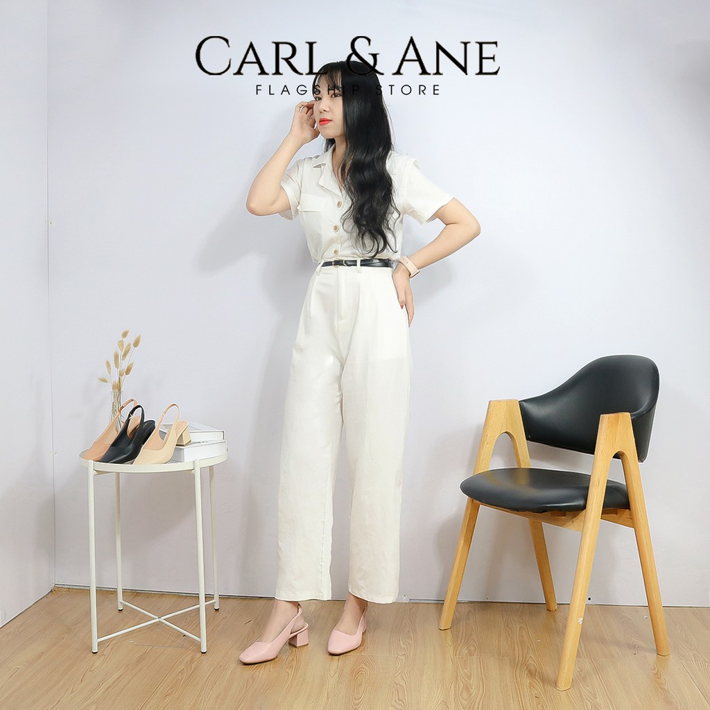 Carl &amp; Ane - Giày cao gót  thời trang mũi vuông phối dây quai mảnh cao 5cm màu đen - EL016