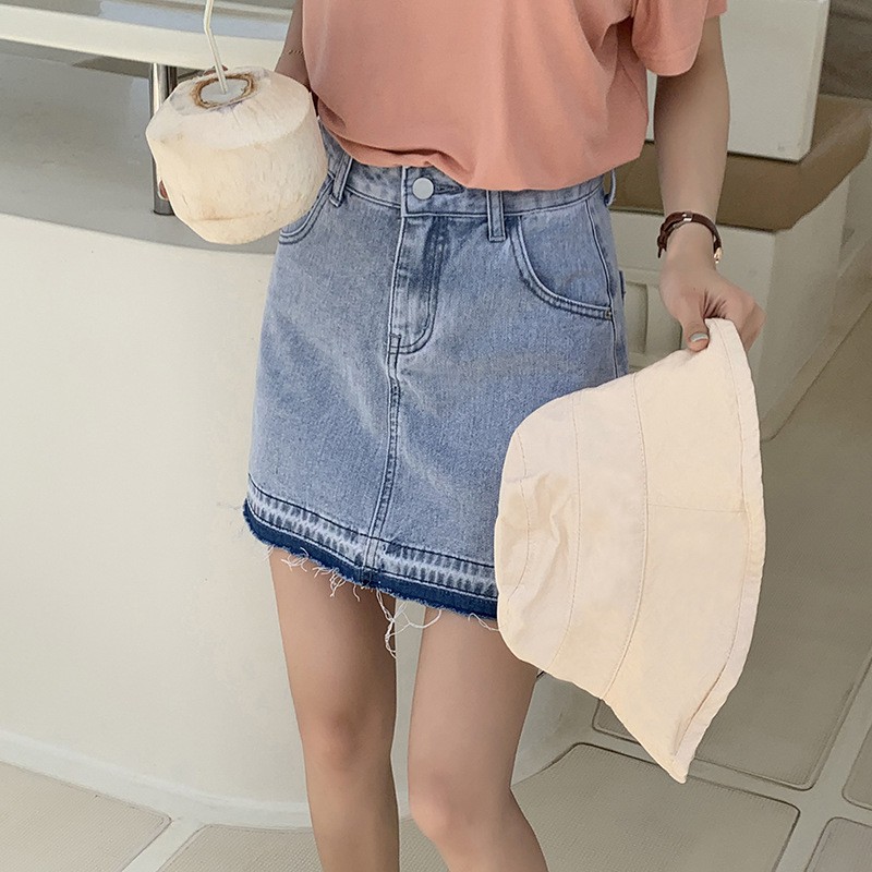 Chân váy Jean ngắn Denim Lưng cao Dáng chữ A Bạc màu Viền tua rua Mùa Hè Ulzzang Hàn Quốc Cạp cao