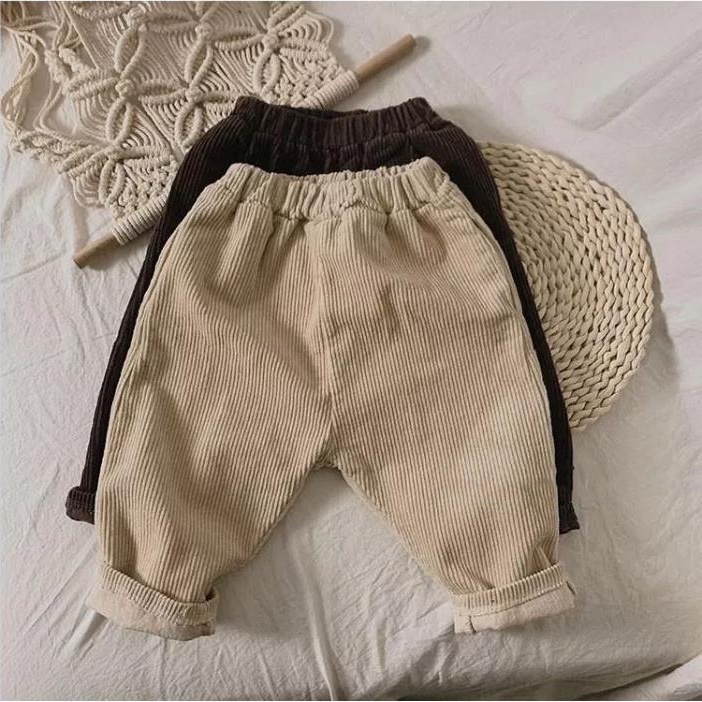 MNGRL Quần Dài Vải Nhung Khaki Màu Trơn Thoải Mái Hàn Quốc Cho Bé Trai Bé Gái