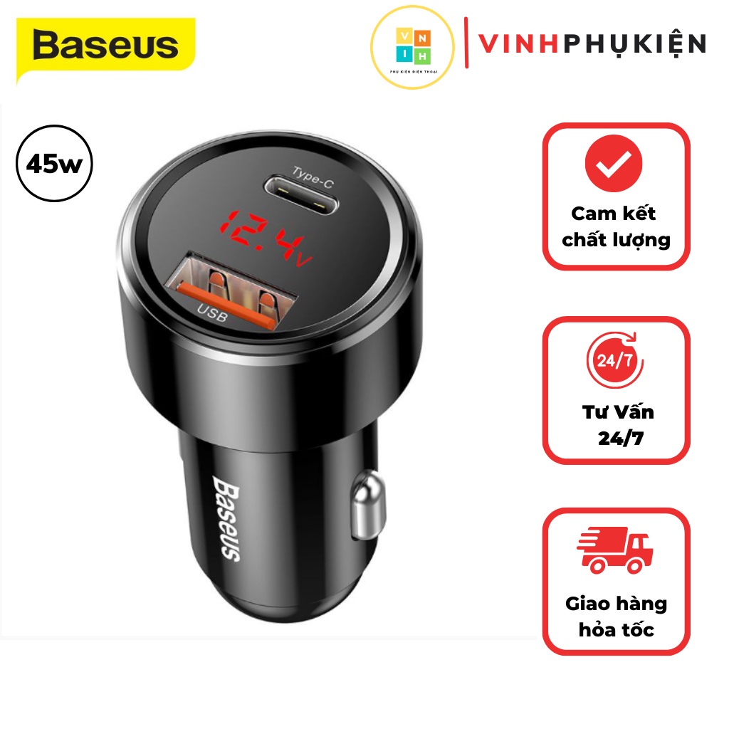 Tẩu Sạc ÔTÔ, Sạc nhanh 45w cho xe hơi ô tô 2 cổng sạc type c và usb quick charge 4.0 chính hãng baseus