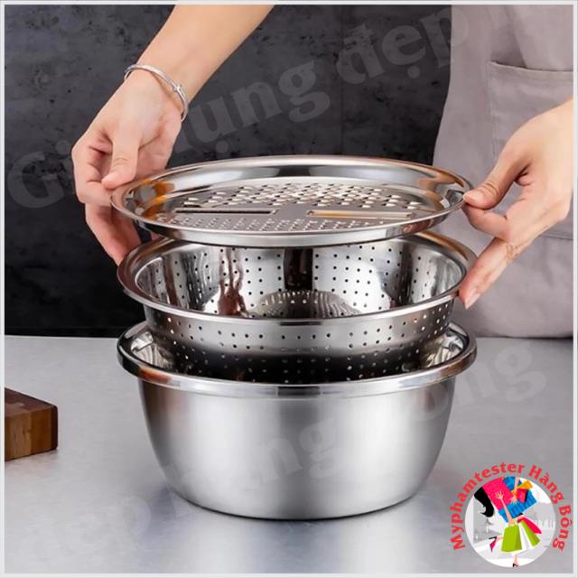 Set chậu rổ và đĩa nạo rau củ inox