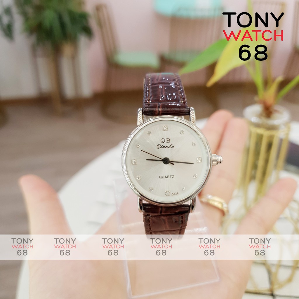 Đồng hồ nữ QB dây da viền bạc số ngọc szie 26mm sang chảnh chính hãng Tony Watch 68