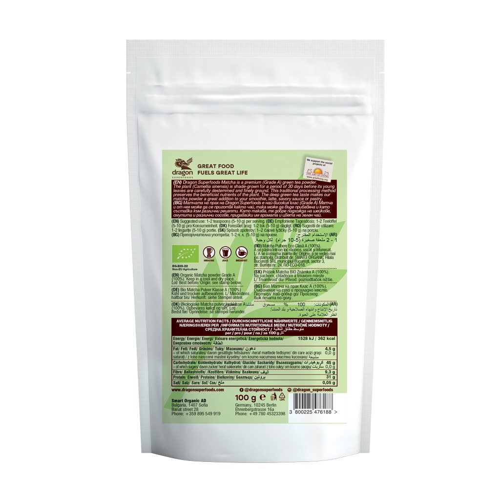 Bột trà xanh hữu cơ Matcha hạng A Dragon Superfoods 100g
