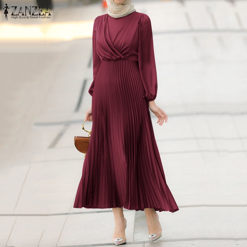 Zanzea Đầm Chữ A Tay Phồng Xếp Ly Thắt Dây Ruy Băng Kiểu Châu Âu Thanh Lịch Cho Nữ