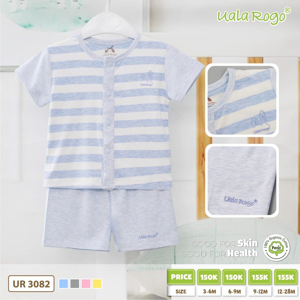 Bộ cộc tay cài giữa UALA &amp; ROGO vải organic cotton &amp; petit hè mát 3082