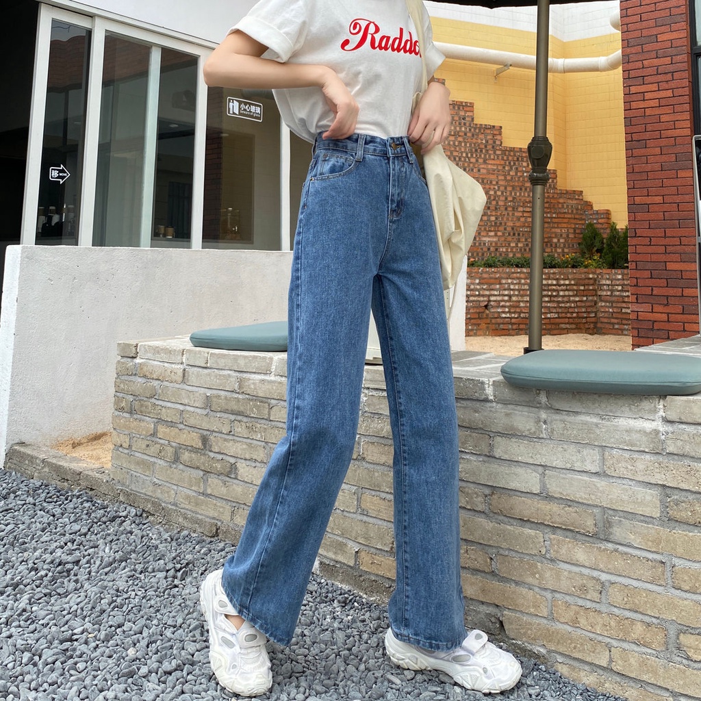 Quần jean ống rộng lưng cao phong cách xuân thu trẻ trung cho nữ