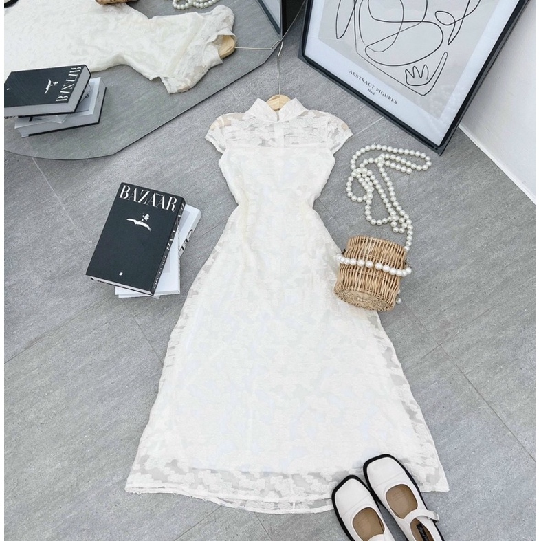 Đầm midi trắng gấm hoa cổ tàu tay tiên,váy nữ siêu xinh đi tiệc bao sang