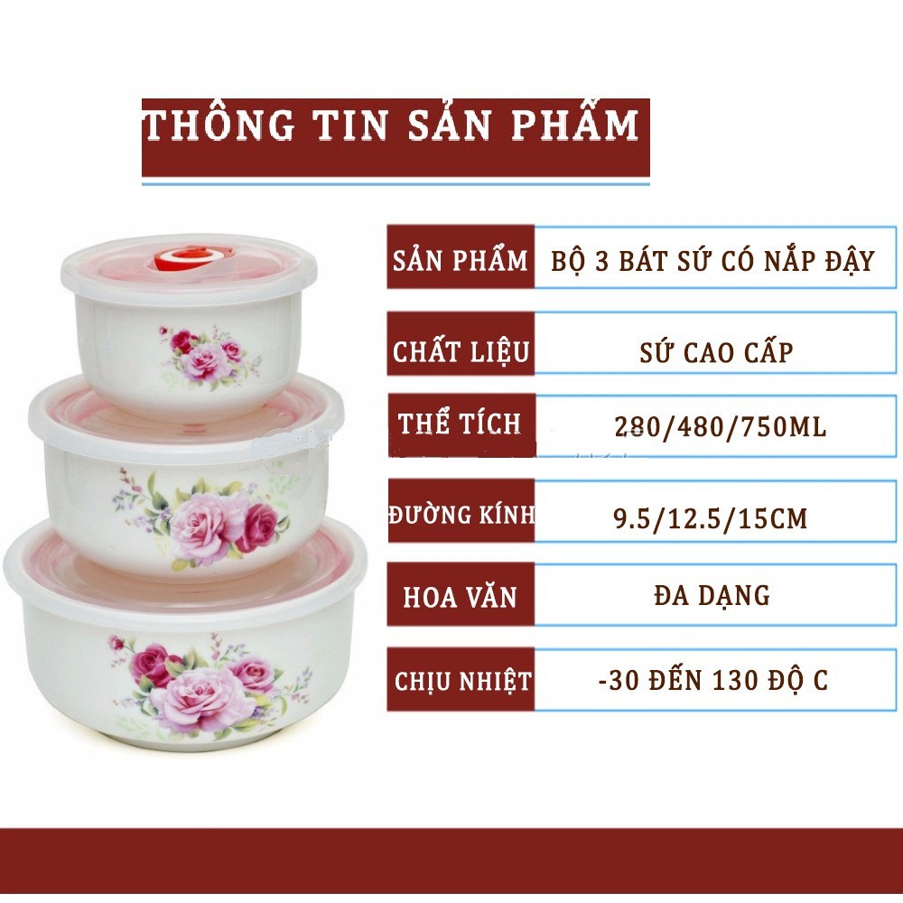 Bộ 3 Bát Sứ Có Nắp Hút Chân Không Đựng Thực Phẩm Trong Tủ Lạnh, Lò Vi Sóng, An Toàn Tiện Lợi