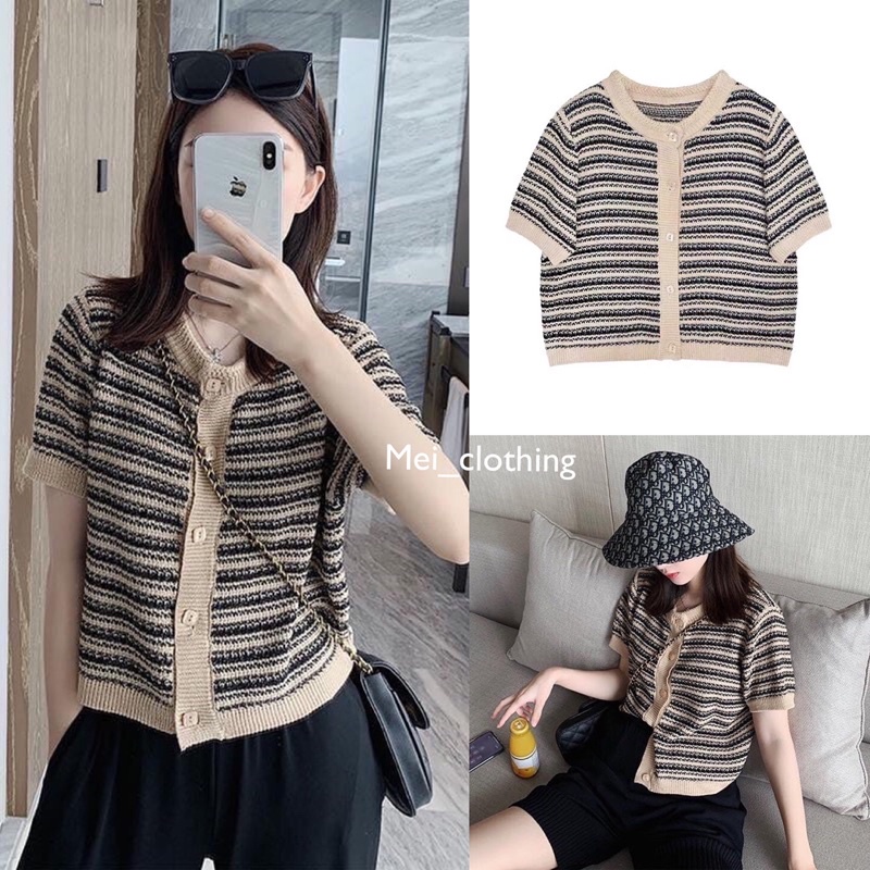 Áo len nữ mongtogi cộc tay, cổ tròn phong cách Hàn quốc