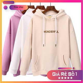 Áo hoodie form rộng tay dài in WONDERFUL đơn giản mũ trùm đầu Hàn Quốc - ảnh thật