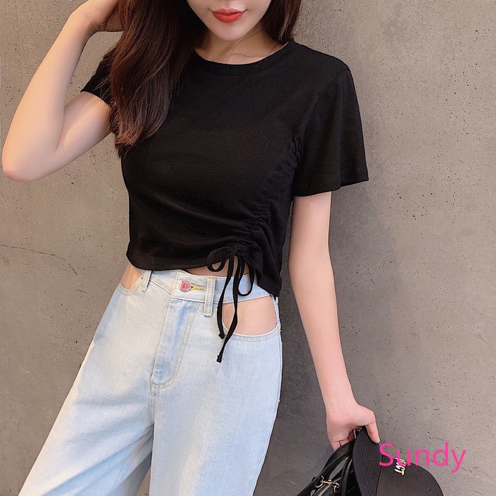 Áo Croptop Dây Rút Màu Sắc Trẻ Trung Phong Cách Hàn Quốc Cho Nữ