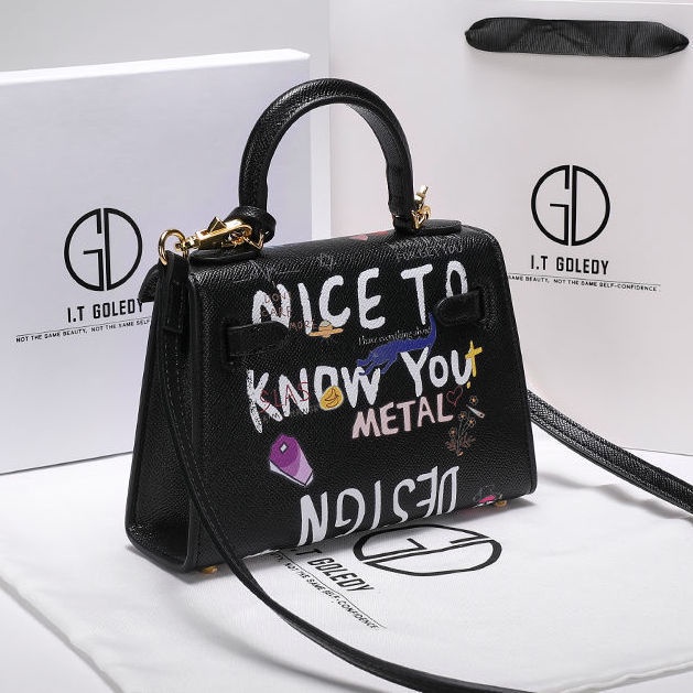 Túi Đeo Chéo Da Thật Mini In Họa Tiết Graffiti Thời Trang 2022 Cho Nữ