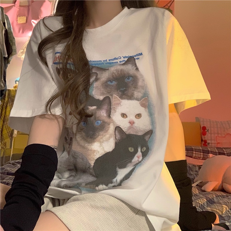 Happy-store 💋 áo thun form rộng Tay Ngắn Dáng mèo In Họa Tiết Cách Thời Trang Hàn Quốc Cho Nữ