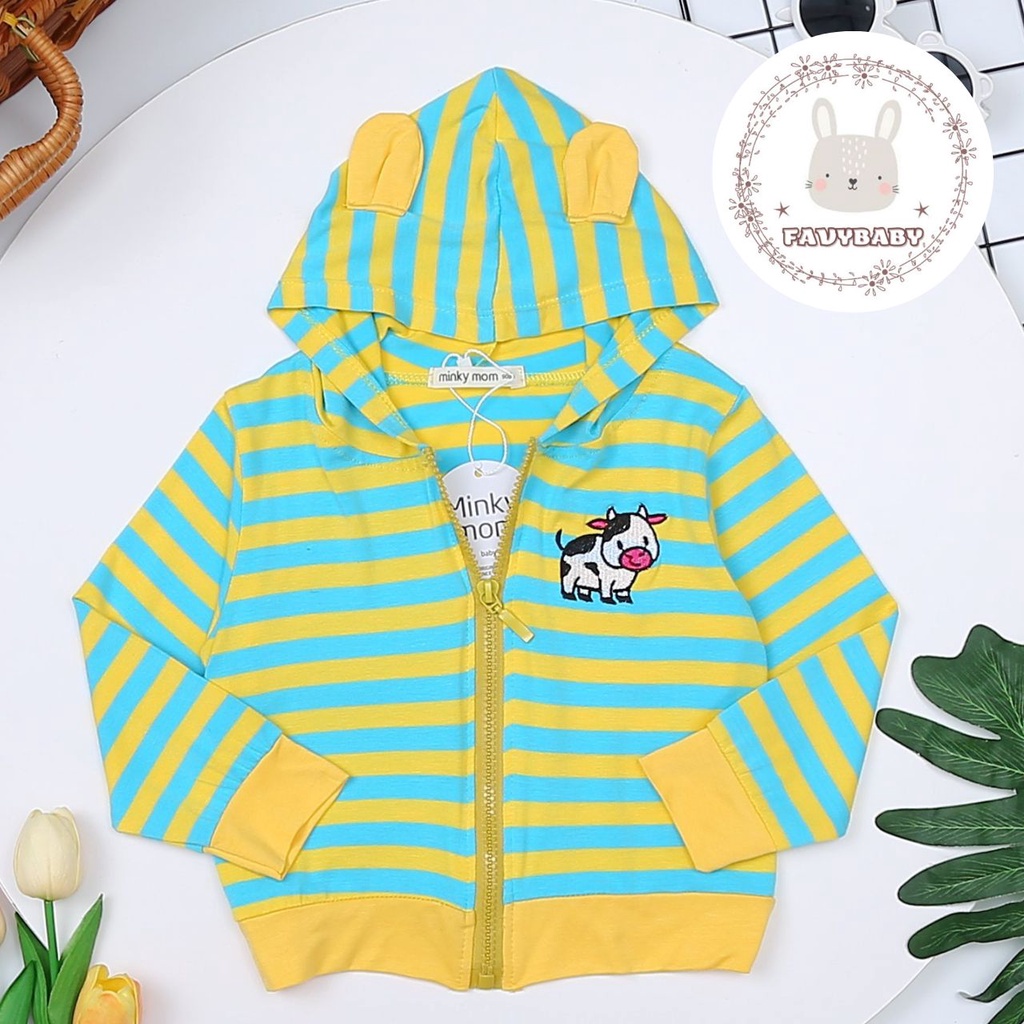 Áo Khoác Chống Nắng Trẻ Em MINKY MOM Chính Hãng Thun Lạnh Sọc Dệt Visco Tai Thú Hình Thêu Đôrêmon Chim Cánh Cụt-Favybaby