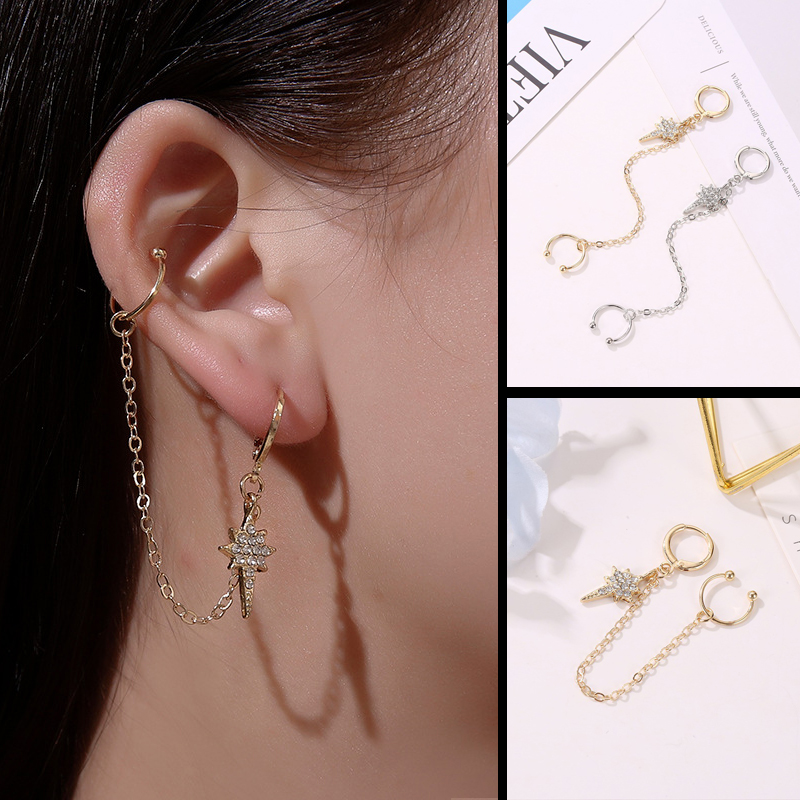 Khuyên tai kẹp mặt hình ngôi sao đính đá cubic zircon nhân tạo thời trang Hàn Quốc dễ thương cho nữ