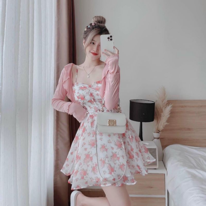 Set đầm xoè 2 dây voan hoa kèm áo khoác tay dài hồng - T1005