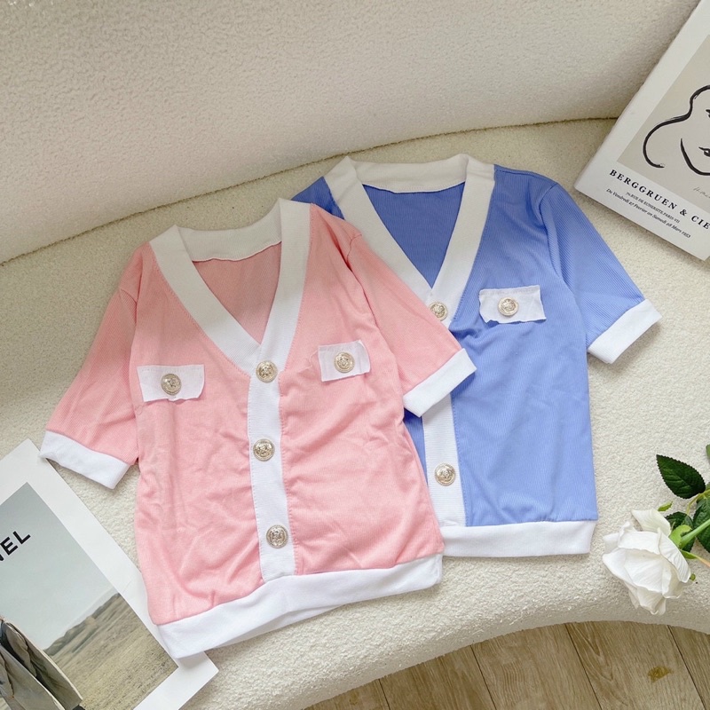 Áo thun gân cổ V viền nút sang chảnh alohashop91