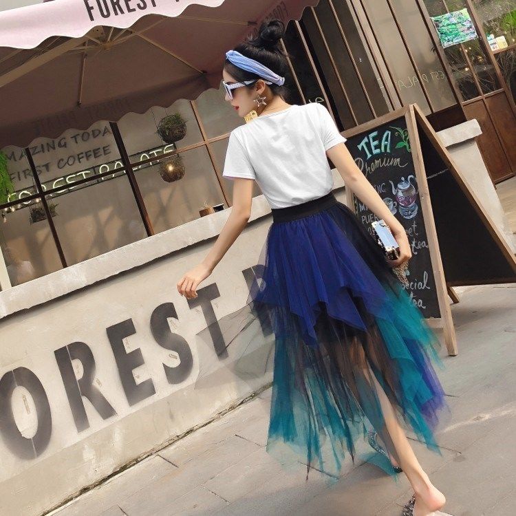 AMOI Chân Váy Midi Lưng Cao Vải Tuyn Màu Sắc Gradient Thời Trang Cho Nữ