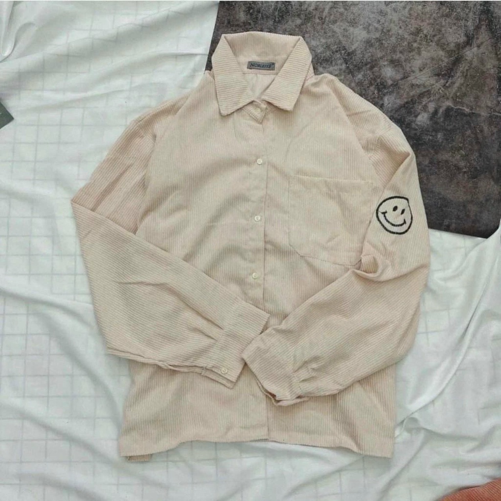 Áo Khoác Sơ Mi Nhung Gân Nam Nữ Unisex Thêu Logo Mặt Cười Chất Dày Dặn Phong Cách Hàn Quốc