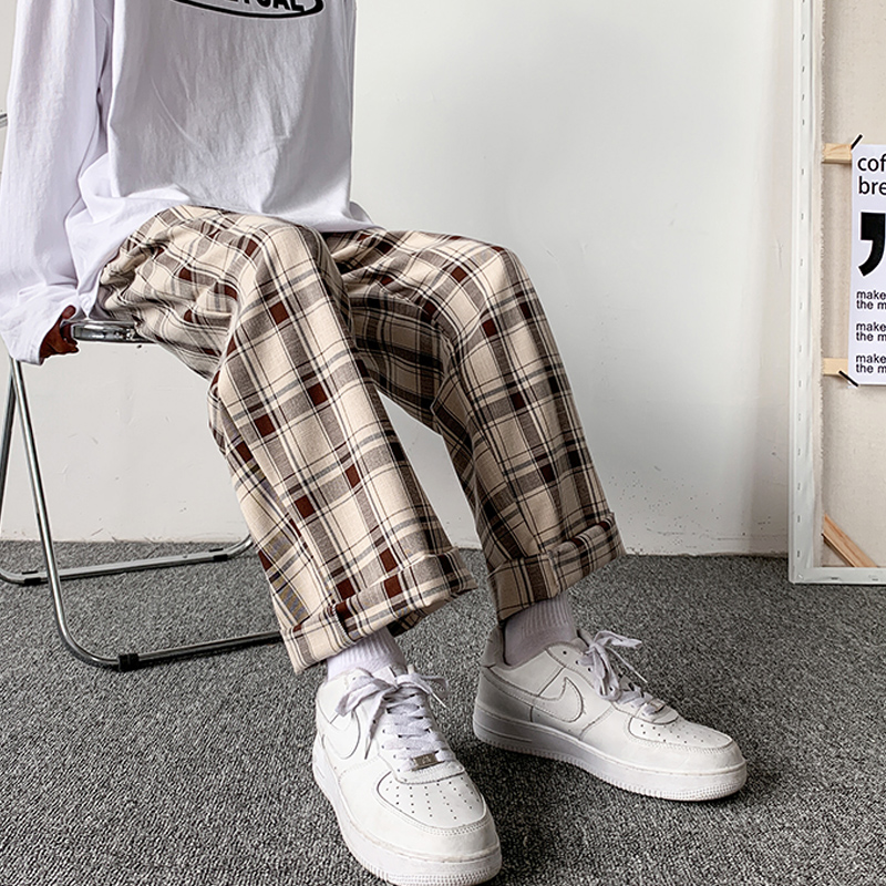 Plaid Trousers Korean Baggy Pants Casual Plaid Pant Men Fashion Straight Trourse Unisex Vintage Checkered Loose Pants Man