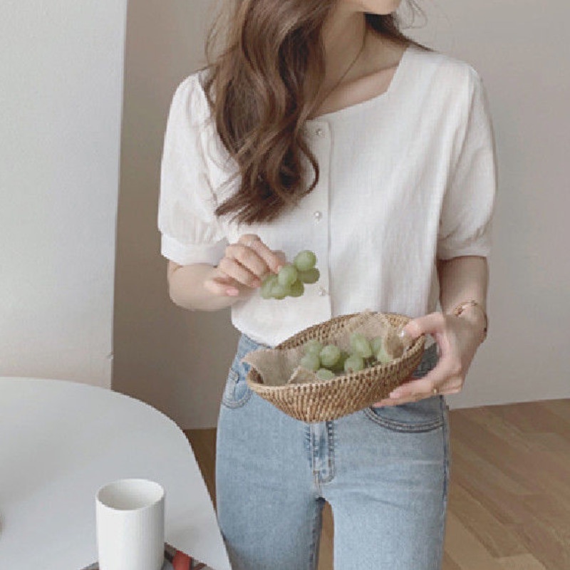 Áo sơ mi RENJIANVSHENG 168521 tay ngắn vải lanh cotton màu trơn cổ vuông dáng rộng đơn giản hợp thời trang