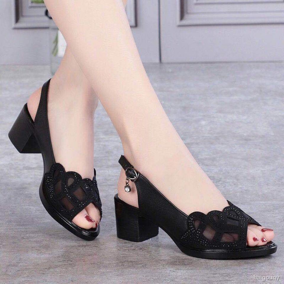 Giày sandal gót cao da mềm phối lưới hở mũi thời trang thanh lịch cho nữ