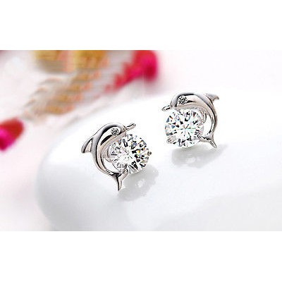 Bông Tai Mạ Bạc Hình Cá Heo Đính Đá Xinh Xắn