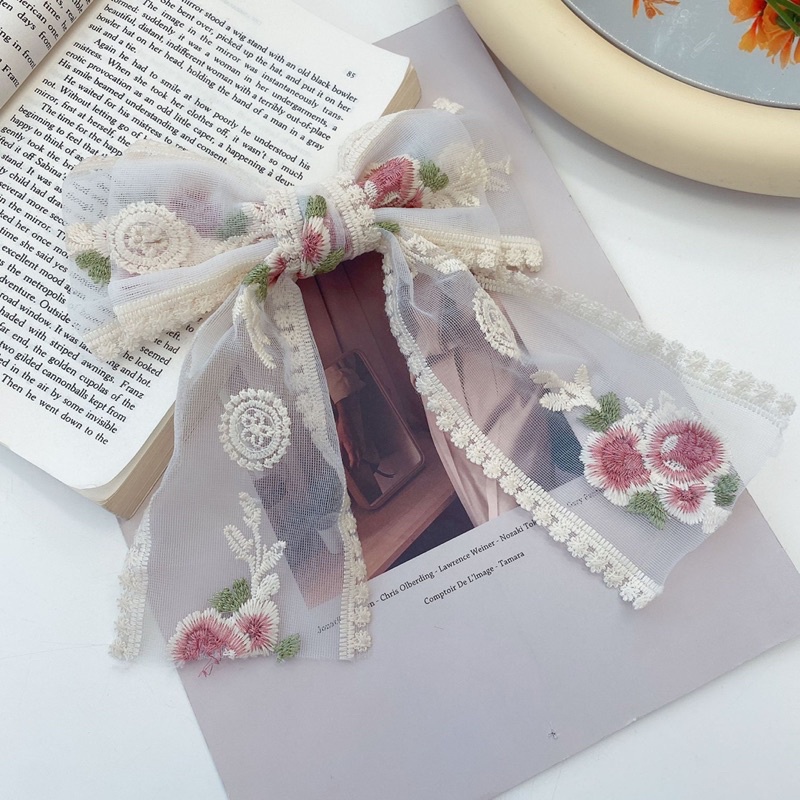 Kẹp tóc nơ thêu hoa tiểu thư ngọt ngào nữ tính cho nữ kẹp tóc nơ sau đầu xinh xắn dễ thương phong cách Hàn Quốc