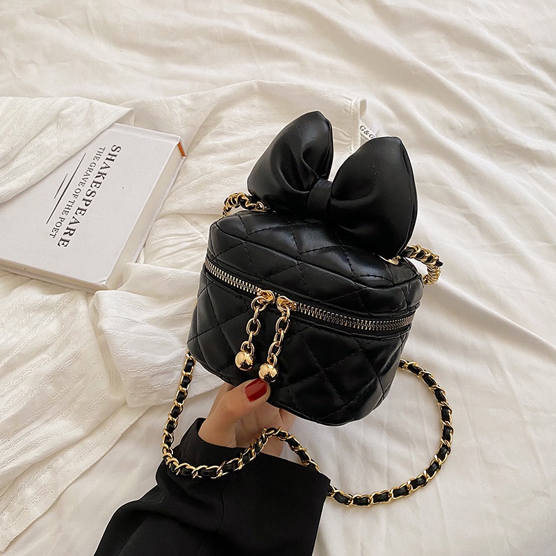 Túi đeo vai IELGY thiết kế dây xích gắn nơ họa tiết hình thoi thời trang dành cho nữ