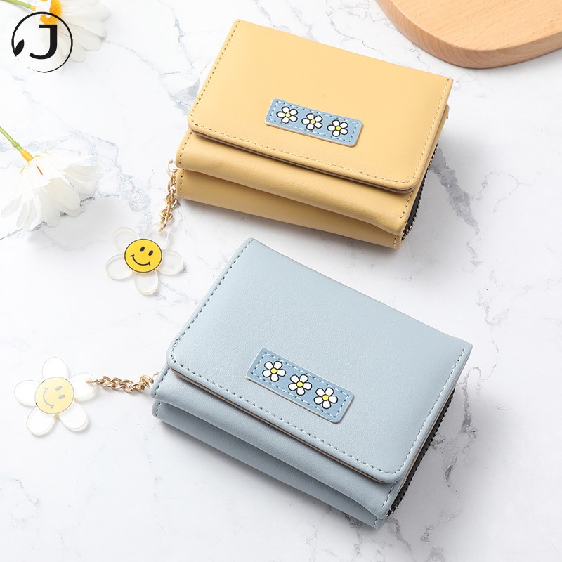Ví da ngắn mini cầm tay đựng tiền có khóa kéo gắn hình hoa hướng dương đáng yêu