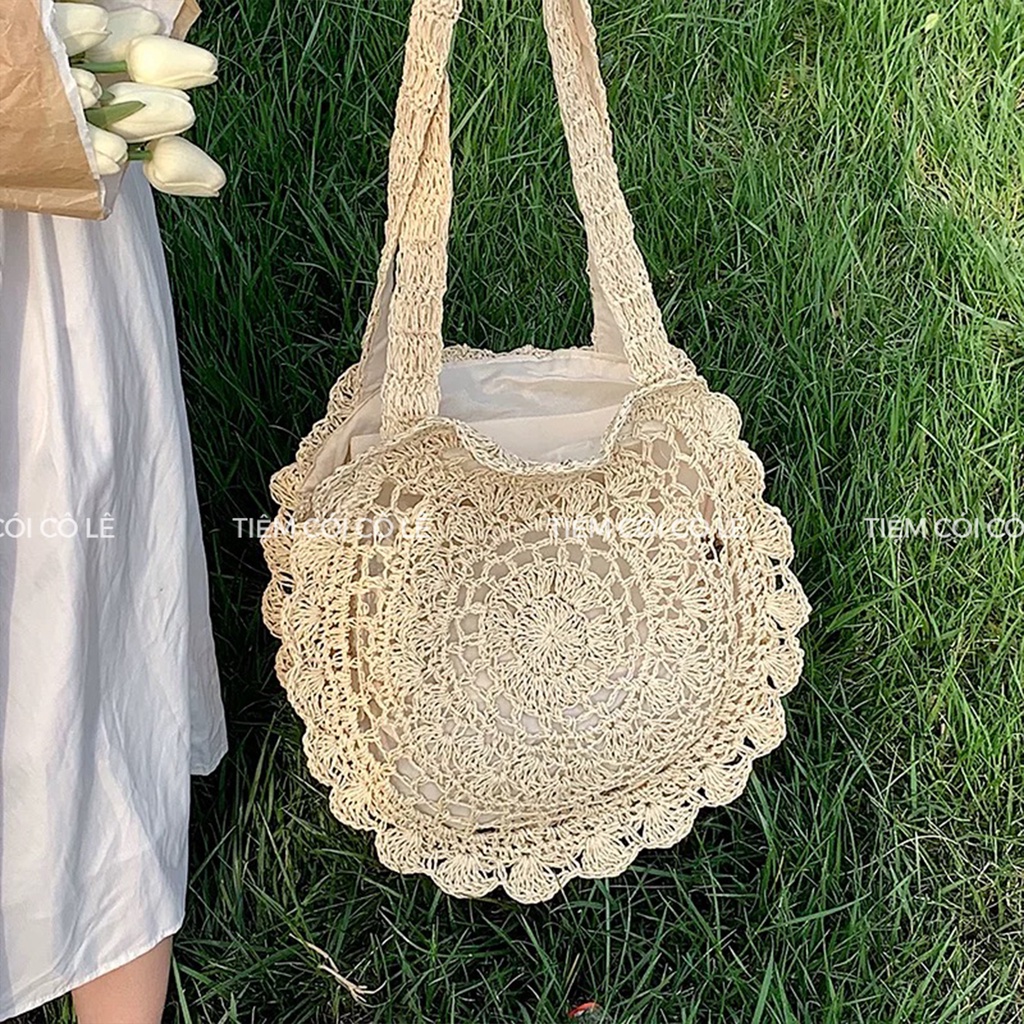 Túi đi biển dáng tròn vintage đan kiểu hoa văn độc đáo - Tiệm Cói Cô Lê