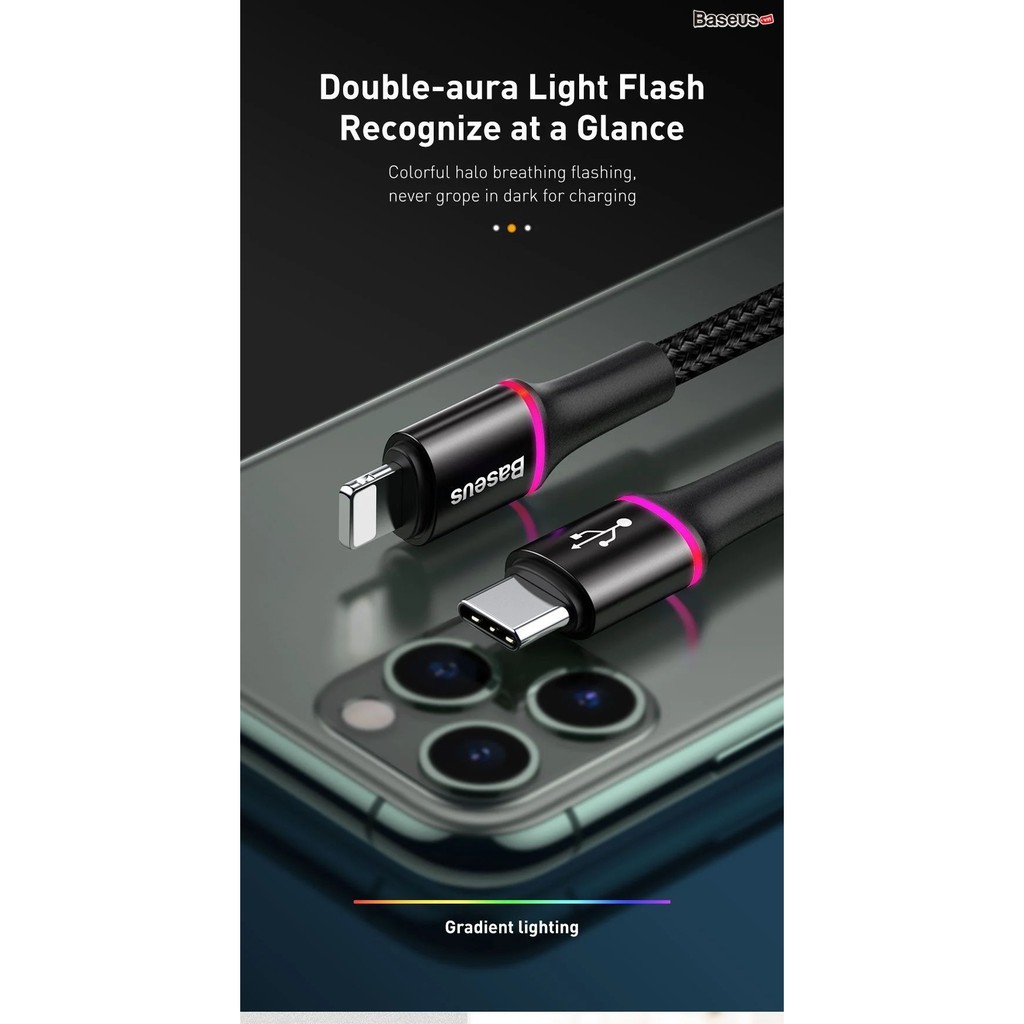 DÂY SẠC Baseus Halo Data Type C To Lightning cho iPhone iPad, sạc nhanh PD 18W, có đèn LED, dài 1m – Chính Hãng
