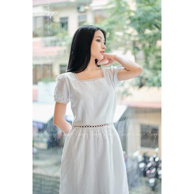 SONO - Đầm Linen Cổ Vuông Ren Eo Váy Xòe Thiết Kế Hàng Cao Cấp