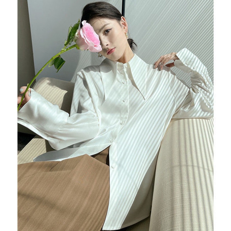 Áo sơ mi voan cổ lật thời trang mùa thu đơn giản thanh lịch cho nữ