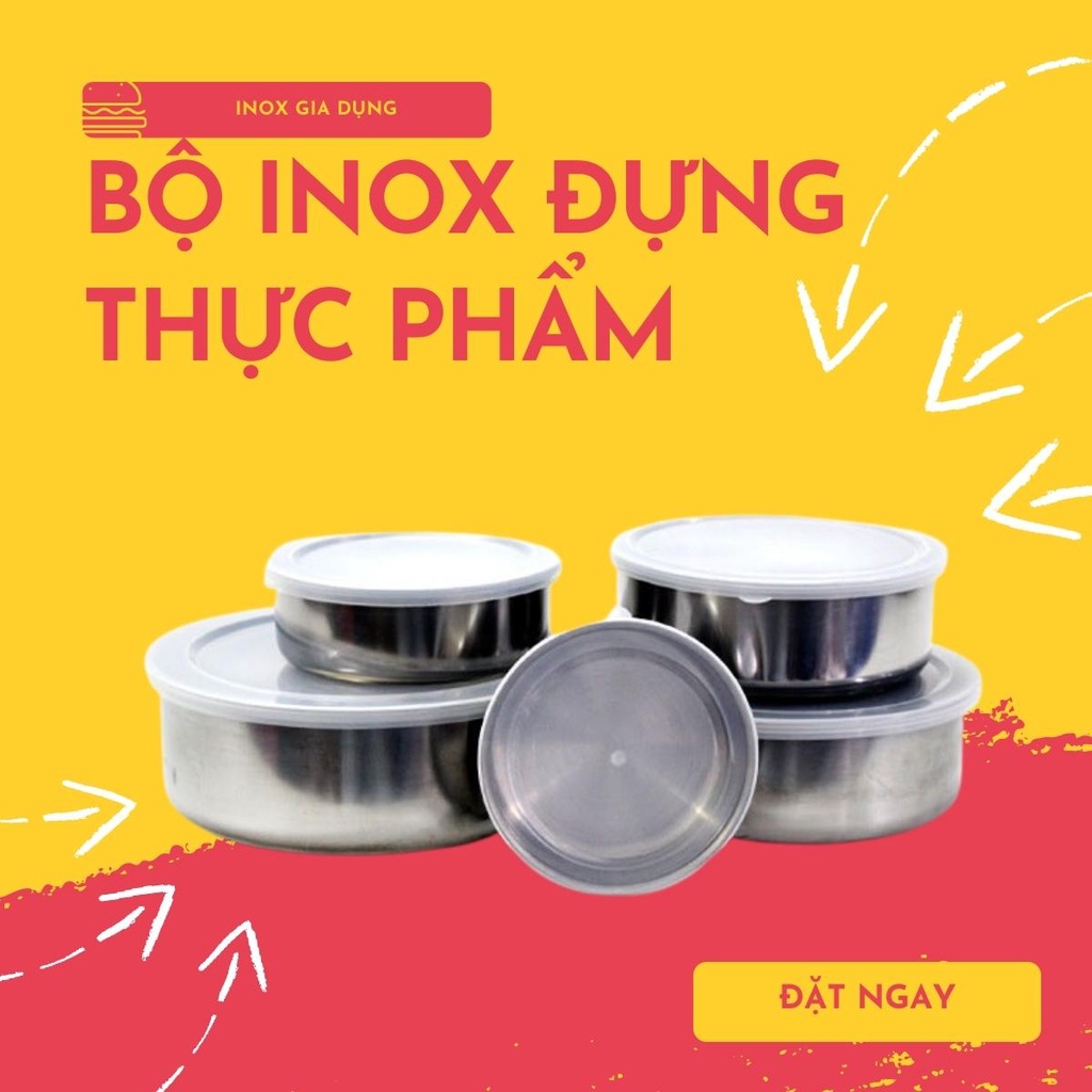 Bộ 5 thố inox không quai giúp bảo quản thực phẩm tủ lạnh có nắp đậy đựng đồ ăn tiện lợi - Chất liệu an toàn không gỉ