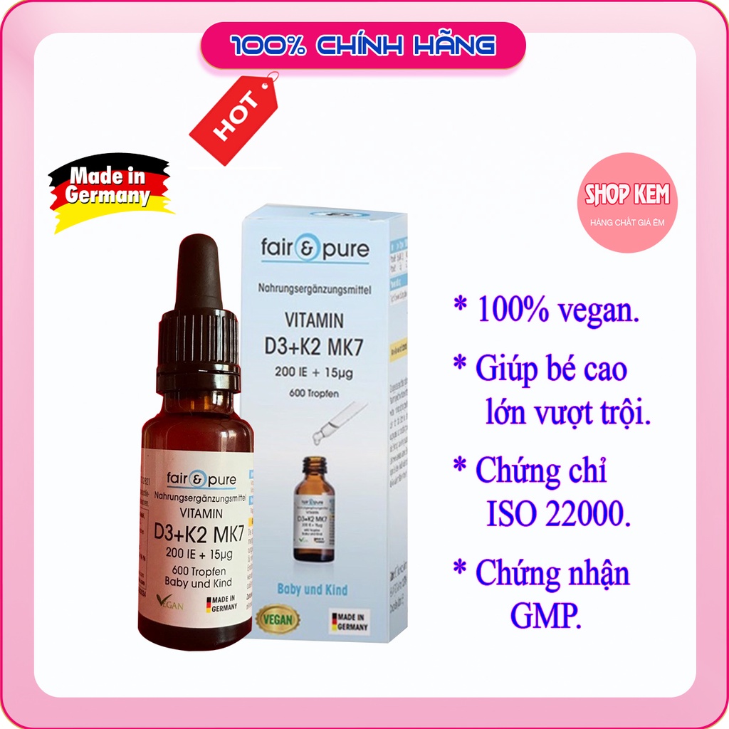Vitamin D3 K2 MK7 FAIR & PURE thuần chay , hữu cơ cho trẻ sơ sinh và trẻ nhỏ Đức