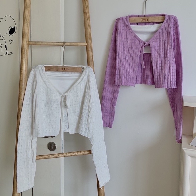 Áo len gân hoạ tiết đục lỗ ngực buộc dây nơ kèm áo quây LEN94 LOLLIE STUDIO