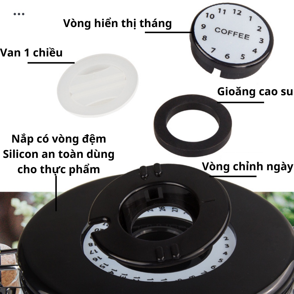 Hũ đựng cà phê chuyên dụng có van 1 chiều và điều chỉnh ngày lưu giúp bảo quản cà phê chuyên nghiệp