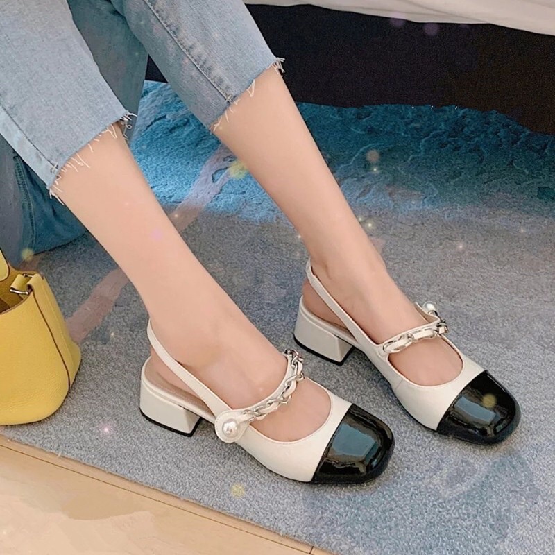 Giày Cao Quai Ngang Đính Ngọc Đế Vuông 3Cm Hở Gót Chân Nữ Tính